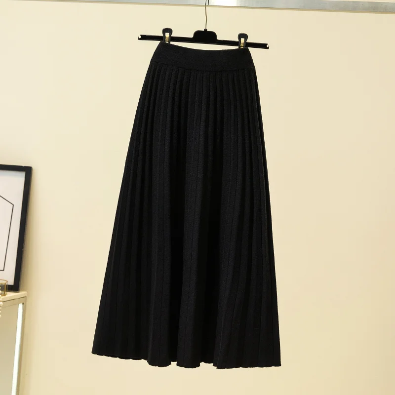 gkfnmt Elegant Midi Pleated Knitted Skirt Women 2020 Autumn Winter Korean Knee Length a line High Waist Skirt Female Ladies