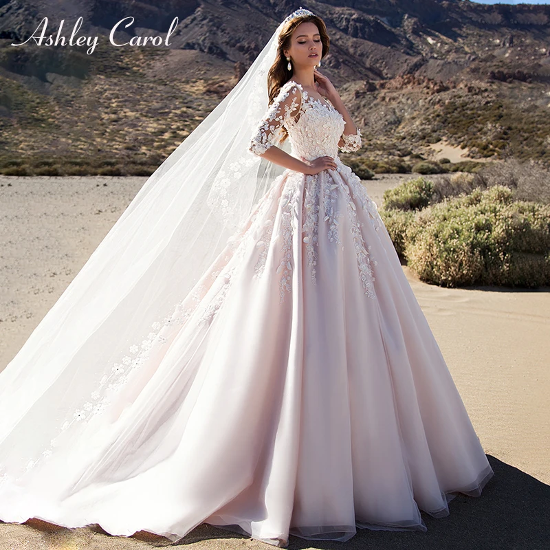 Ashley Carol Wedding Dresses For Woman Long Sleeve Princess Bride Dress Romantic Scoop 3D Beading Flowers Vintage Bridal Gown