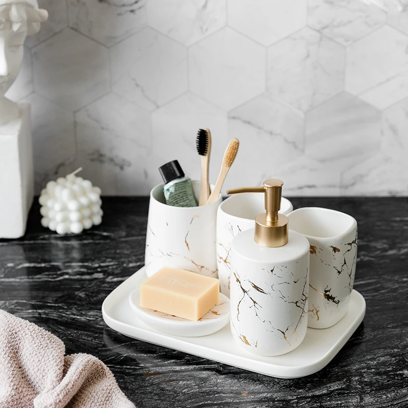 Nordic Bathroom Accessories Eco-friendly Imitation Marble Stripe Ceramic Toothbrush Cup Tootbrush Holder Cup pot brosse a dent