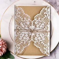 10pcs Elegant Laser Cut Bridal Favor Wedding Invitations Card Lace Pocket Greeting Customize Invites Card Printing Party Decor