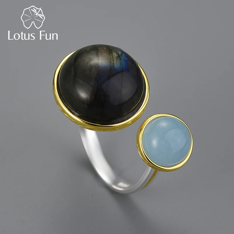 Lotus Fun Real 925 Sterling Silver Natural Labradorite Moonlight Gemstones Ring Fine Jewelry Mysterious Lake Rings for Women