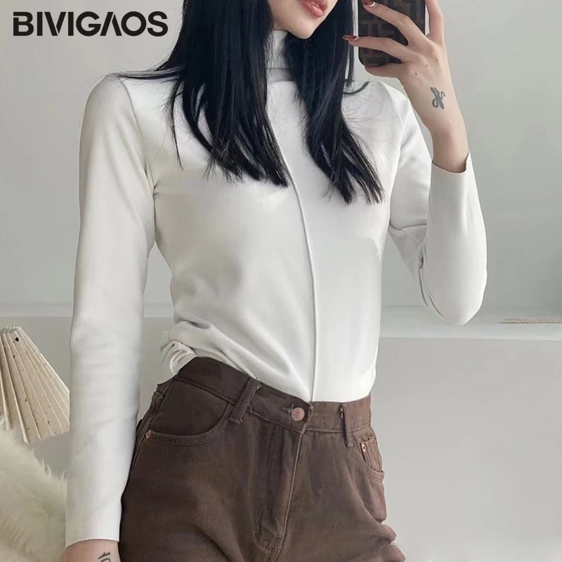 BIVIGAOS Fall Winter 16 Colors Thick Velvet Bottoming Shirt Women Casual Warm Midline Tops Half High Collar Long-Sleeved T-shirt