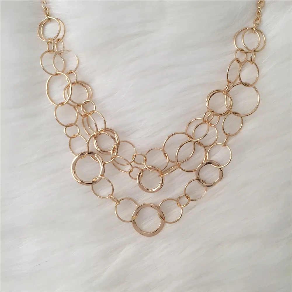 Bohemian Multi Layered Necklace for Women Vintage Gold Color Geometric Circle Linked Chain Necklace  Geometric Collier Collares