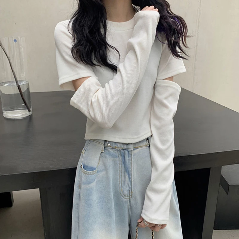 Crop Top Fall 2021 Women Fashion Sexy Sweet Slim Inside Long Sleeve T Shirt Ripped Hole Black White Gray Oversized Punk Clothing