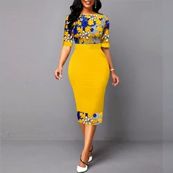 Summer Dress Yellow Elegant Floral Print Party Dress for Woman O-Neck Half Sleeve Slim Office Work Vestidos Sexy Bodycon Dresses