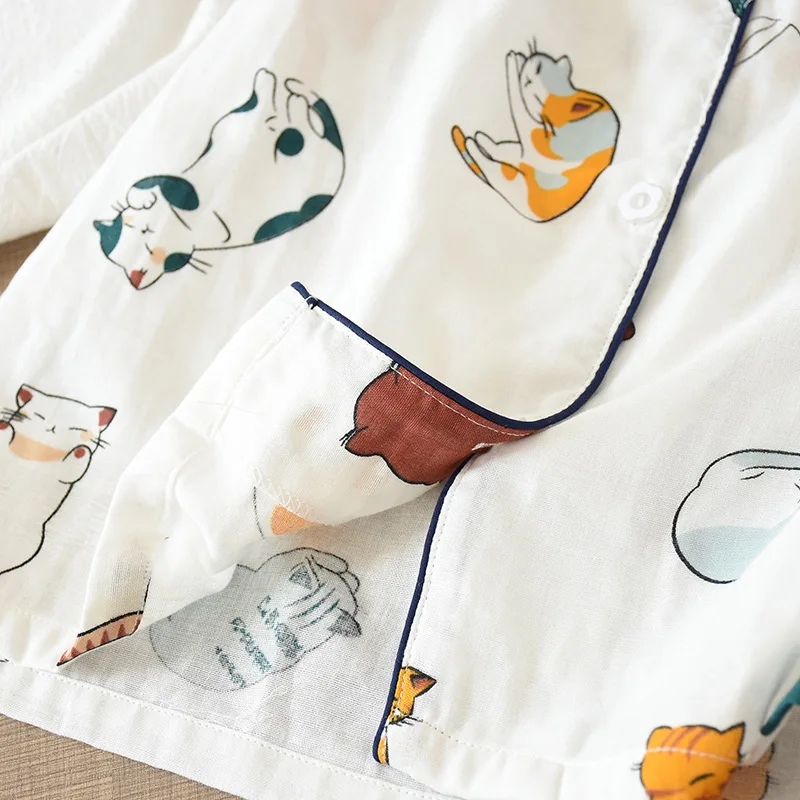 Japanische Sommer-Damen-Pyjamas, zweiteilig, 100% Baumwollgaze, dünn, kurzärmelig, Shorts, niedlicher Katzen-Cartoon, Hausanzug-Set für Frauen – Detail 11