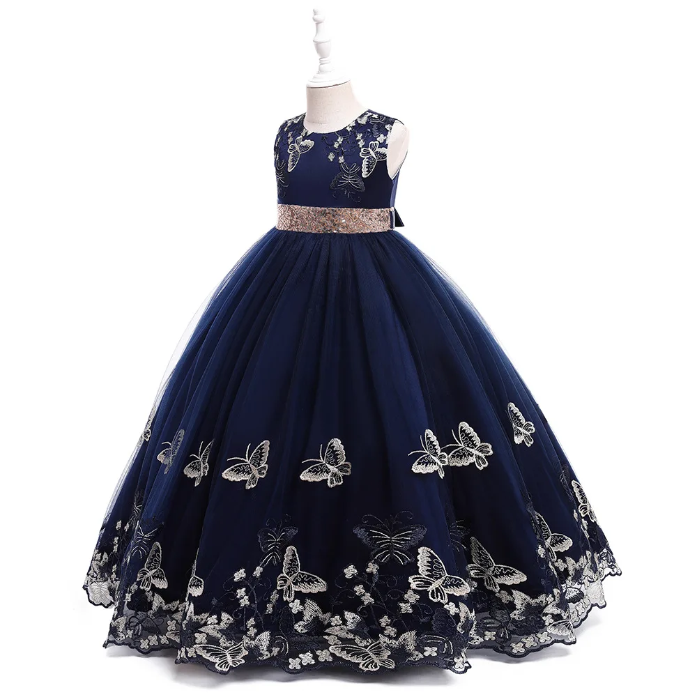 3-12Y Big girls Floor Length Sleeveless Dress Party Sequin Waist New Year Summer Dresses Party Ball Gown Vestidos Butterfly
