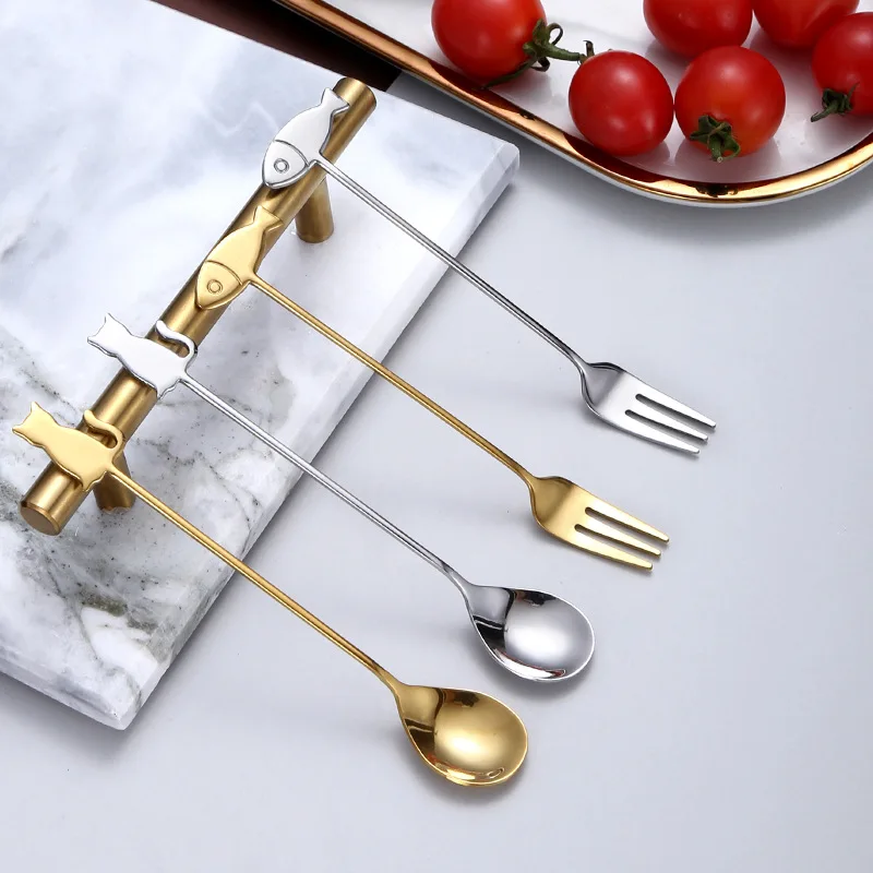 4 Pcs/ Set Fruit Forks 304 Stainless Steel Cat Fish Cartoon Cat Stirring Forks Dessert Fork Set Wedding Gift Tiny Fruit Picks