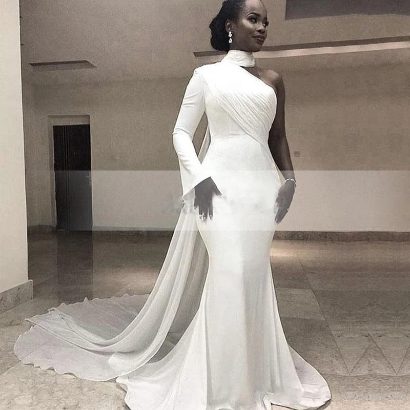 

2025 Modern White High Neck One Shoulder Mermaid Formal Evening Dresses Chiffon Train Africa Women's Prom Party Gowns African