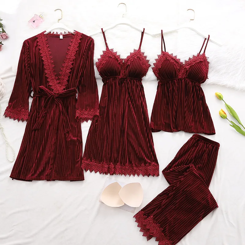 Women's Pajama Set 4Pcs Velvet Sleepwear Robe Gowns Nightwear V-Neck Sexy  Pijamas Ladies Home Suit Nightgown Bride Bathrobe Gown - AliExpress  200574005