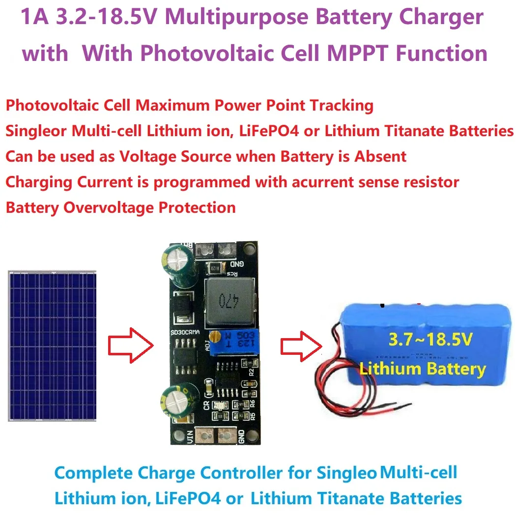 MPPT 1A 3.2V 3.7V 3.8V 7.4V 11.1V 14.8V Lithium Battery Charger Module for 9V 12V 18V Solar panels