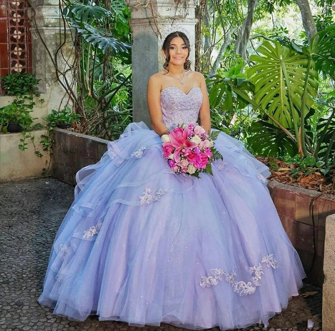 Vestidos de baile Quinceanera frisados de lavanda, vestido de festa formal, Sweet 16 Wear, Debutante 15 anos, plus size, 2024