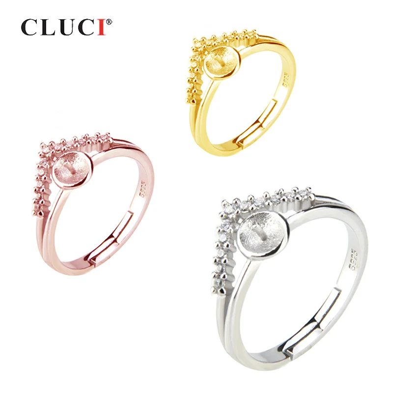 CLUCI 100% เงิน 925 แหวนมงกุฎสำหรับสตรีของขวัญปรับ Sterling Silver Pearl แหวนยึด Rose Gold แหวนมงกุฎ SR2036SB