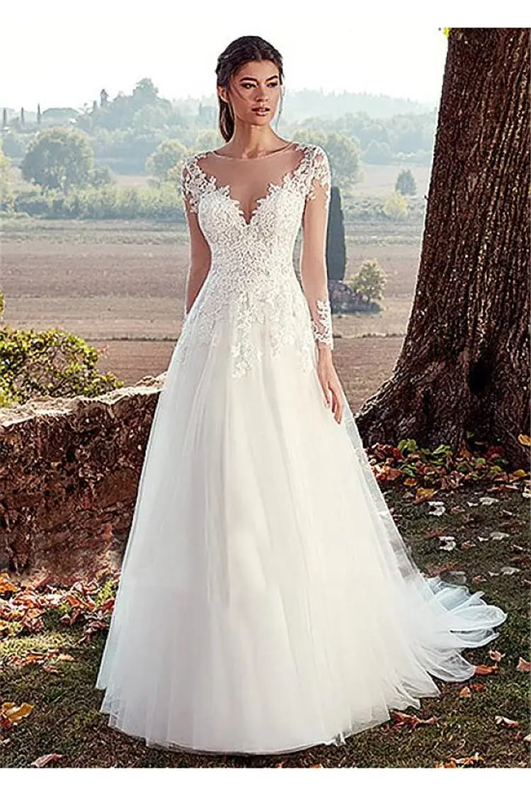 

Tulle Jewel Neckline A-line Wedding Dresses With Illusion Back Lace Appliques Long Sleeves Bridal Dress vestido de noche