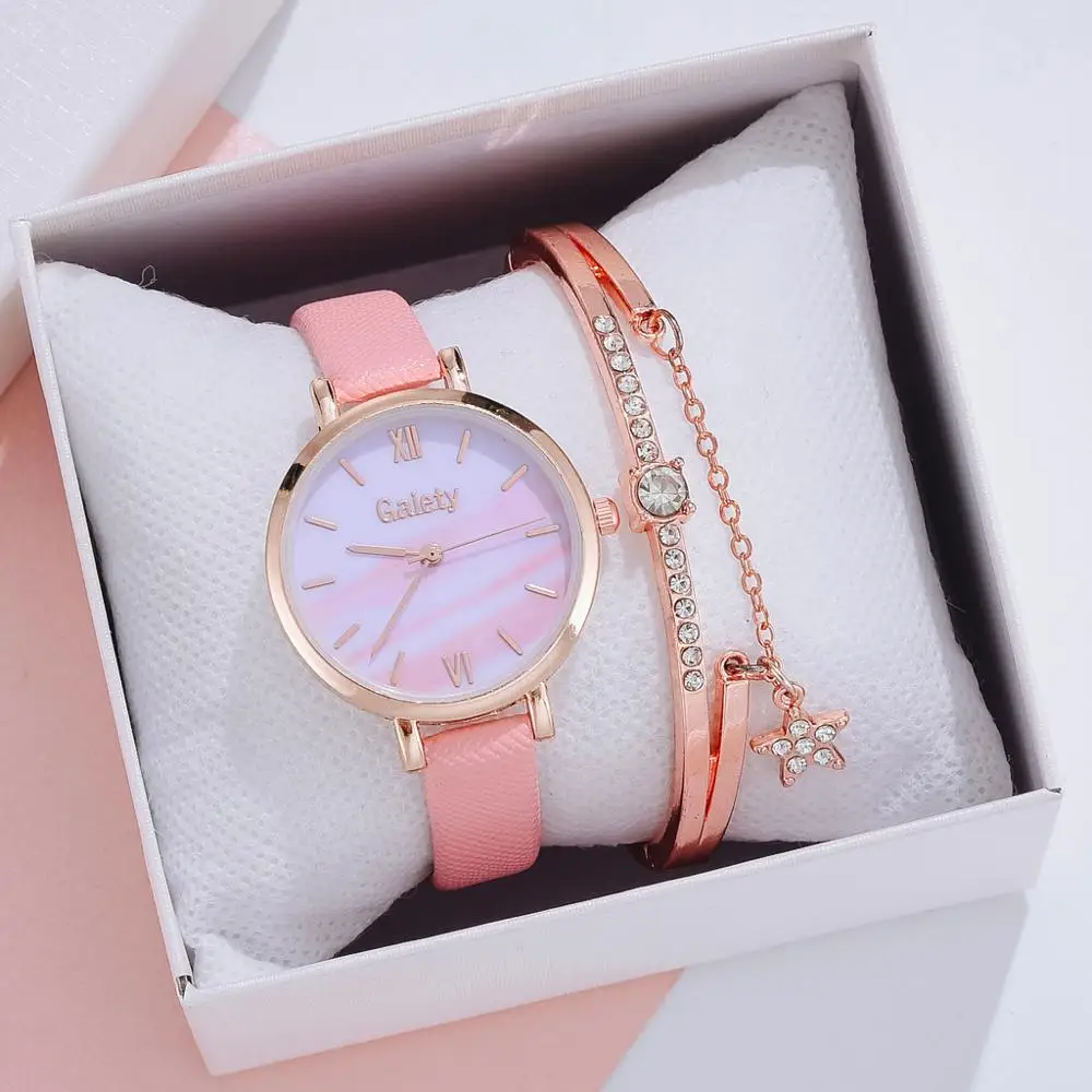 Vogue Women Watches 2PCS /Set Pretty Bracelet Dress Quartz Clock Ladies Wrist Watch Gradients Marble Dial Sports Women Watch