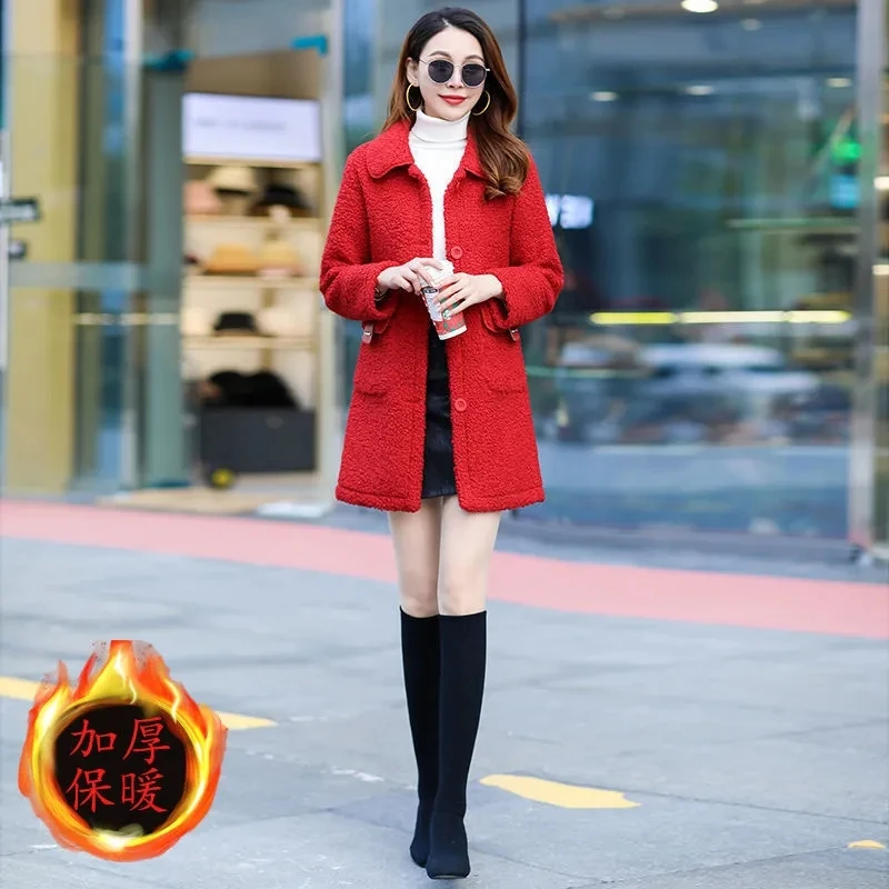 Fur One Imitation lamb Plush Coat Jacket Women 2021 Winter New Thick Mid-length Granular Fleece Fur Overcoat Women Jacket D1717