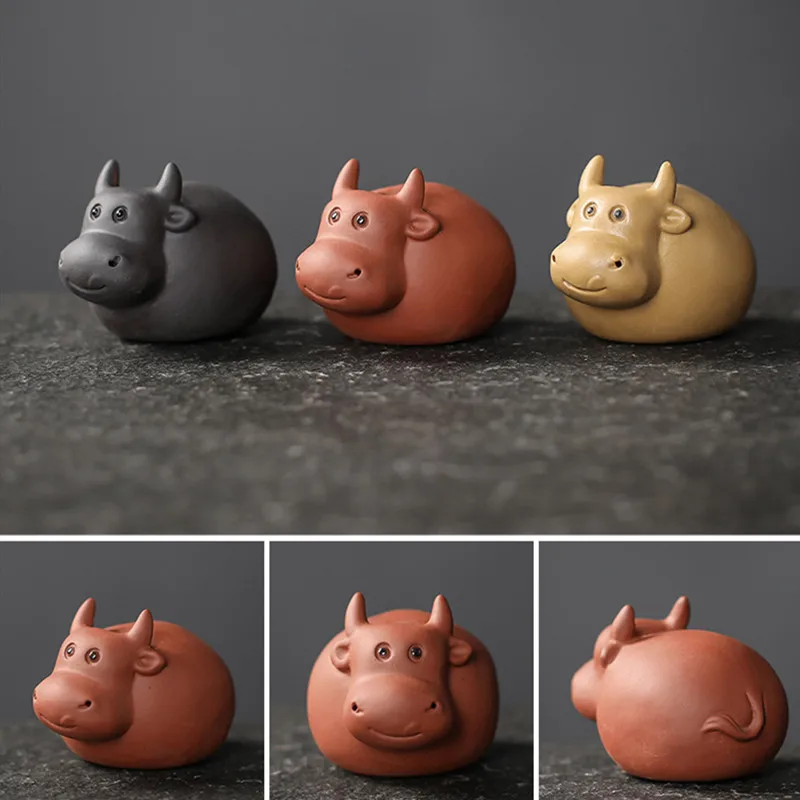 1PCS Handmade Mini Fingertips Purple Clay Tea Pet Cute Cattle Statue Ornaments Boutique Tea Table Decoration Accessories Crafts