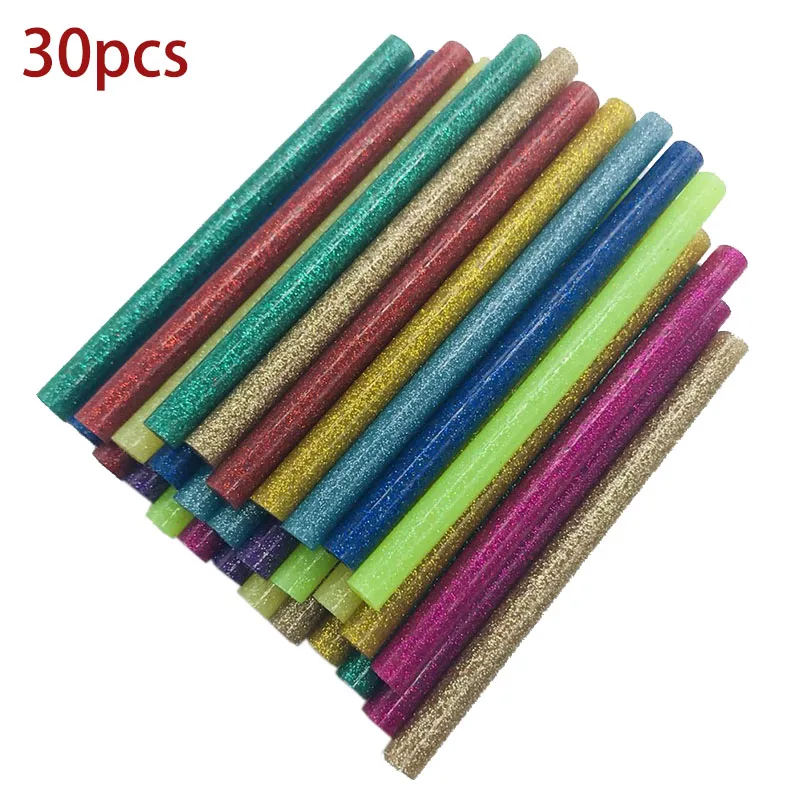 Barras de pegamento de fusión en caliente de colores, surtido de barras de pegamento de brillo profesional para pistola de pegamento eléctrica, reparación de manualidades, 7mm, 30 unids/set