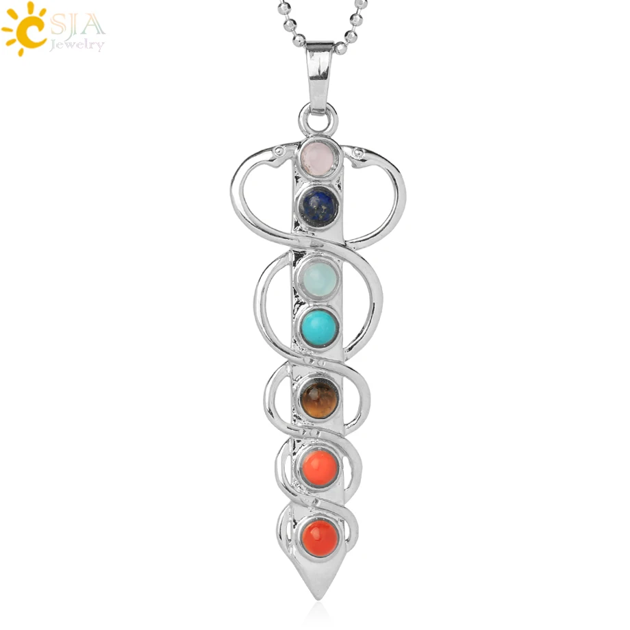 CSJA Stone Beads Pendant Necklace Yoga Symbol Inlaid Reiki Energy Stone Healing Point 7 Chakra Charm Pendant Necklace E039