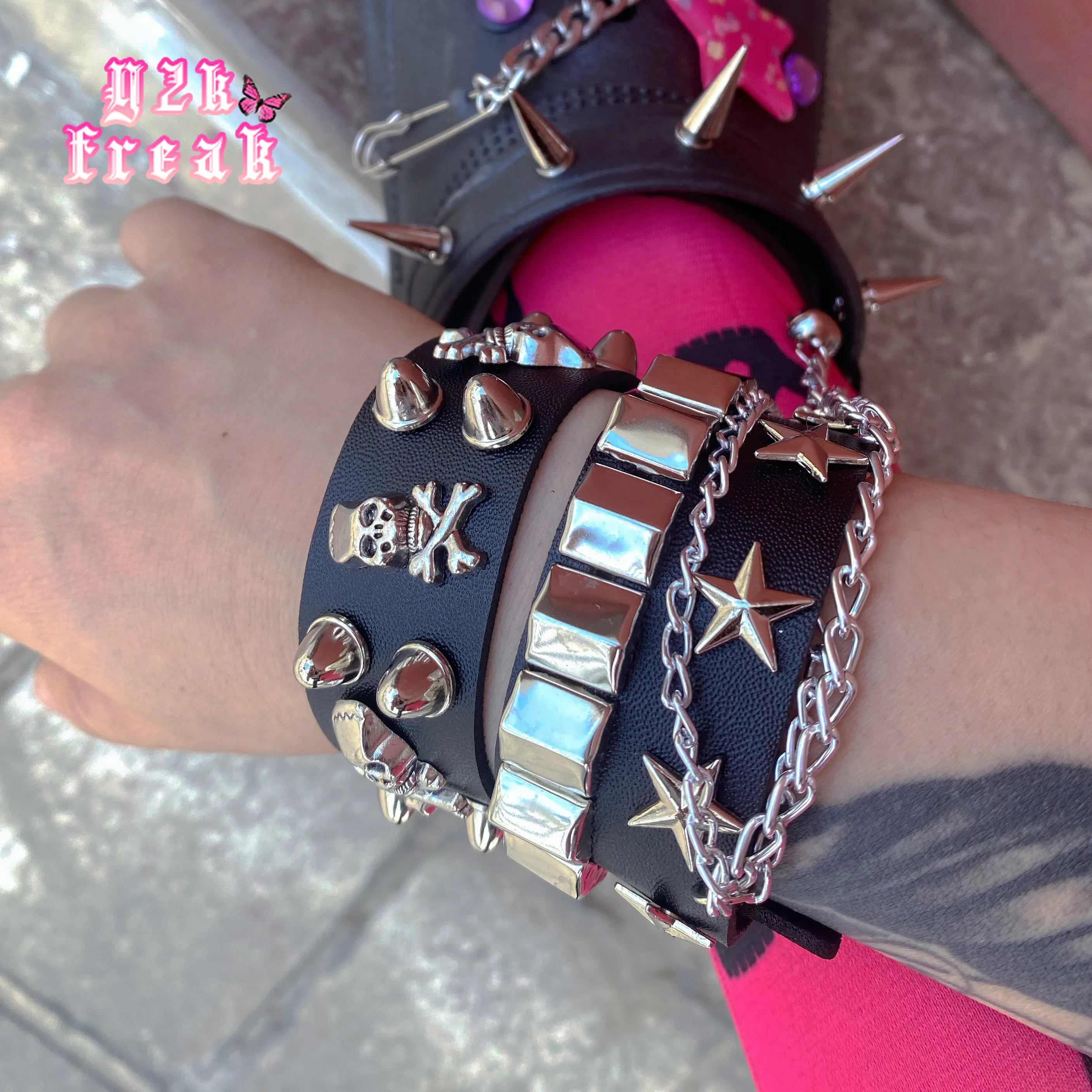 Y2K Gothic Bracelet Skeleton Dark Punk Hot Girl Double Rivet Chain Metal Rock Grunge Egirl Bracelets