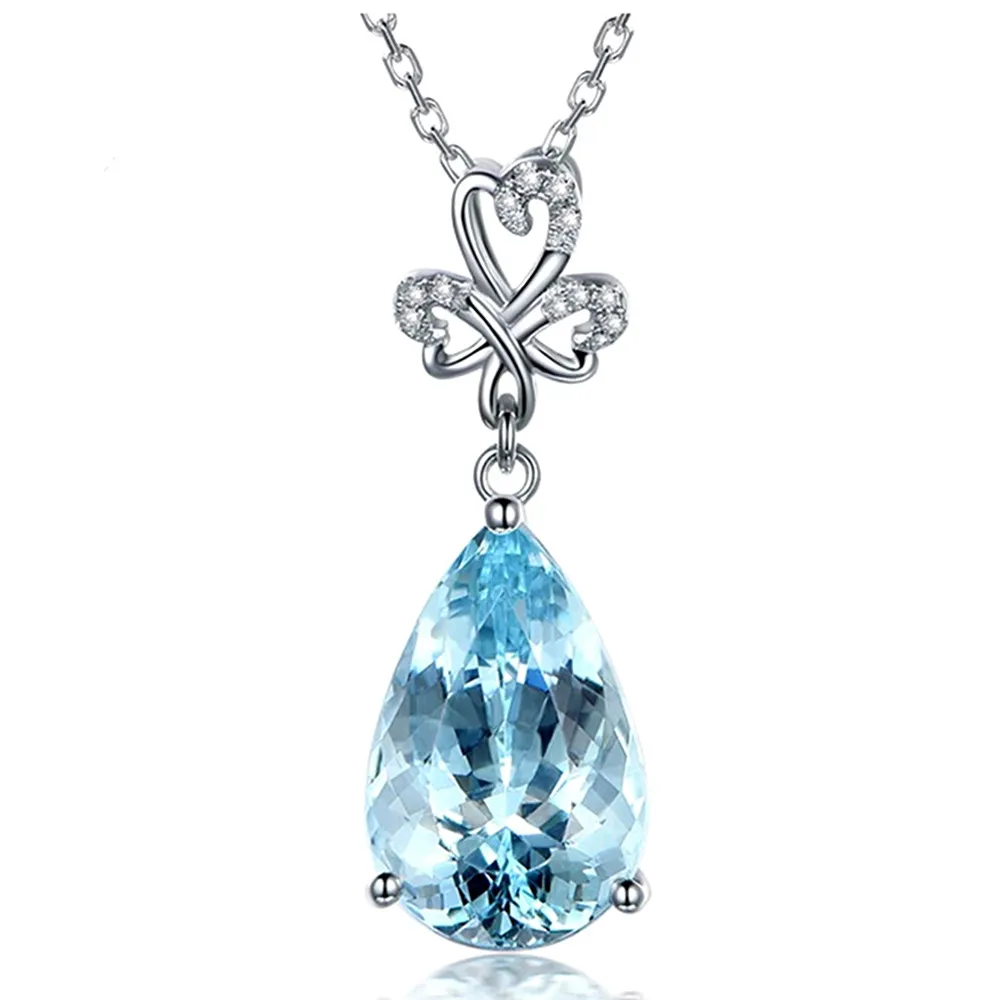 

Aquamarine gemstones blue crystal pendant necklaces for women diamond 18k white gold tone argent choker chain jewelry collier