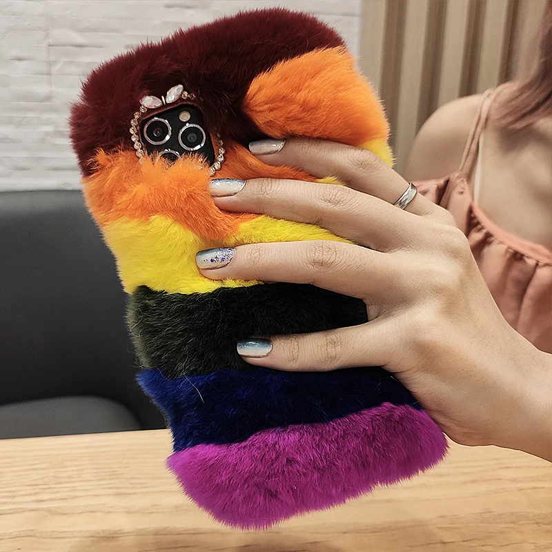 Fashion Colorful Rainbow Super Soft Real Rabbit Fur Case Cover For iPhone 14 13 12 Mini 11 Pro Max XS Max XR X 8 7 6 6S Plus SE