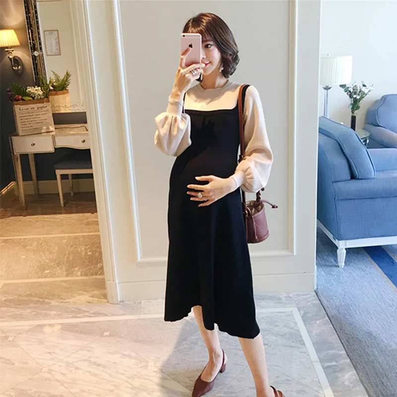 Pregnant Women Thick Dresses Sets Bishop Sleeve Full Mid-Calf Elastic Casual Knitted Sweater Maternity Clothings