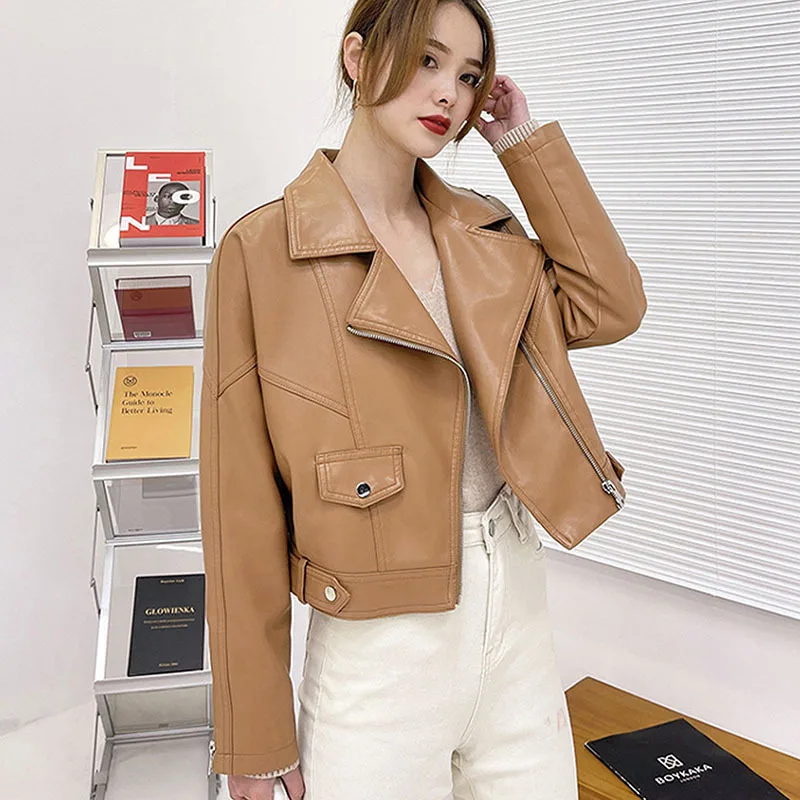 Autumn Korean Short Faux PU Leather Jacket Coffee Color Beige Black Loose Casual Lapel Long Sleeve Biker Jacket Mujer Chaqueta