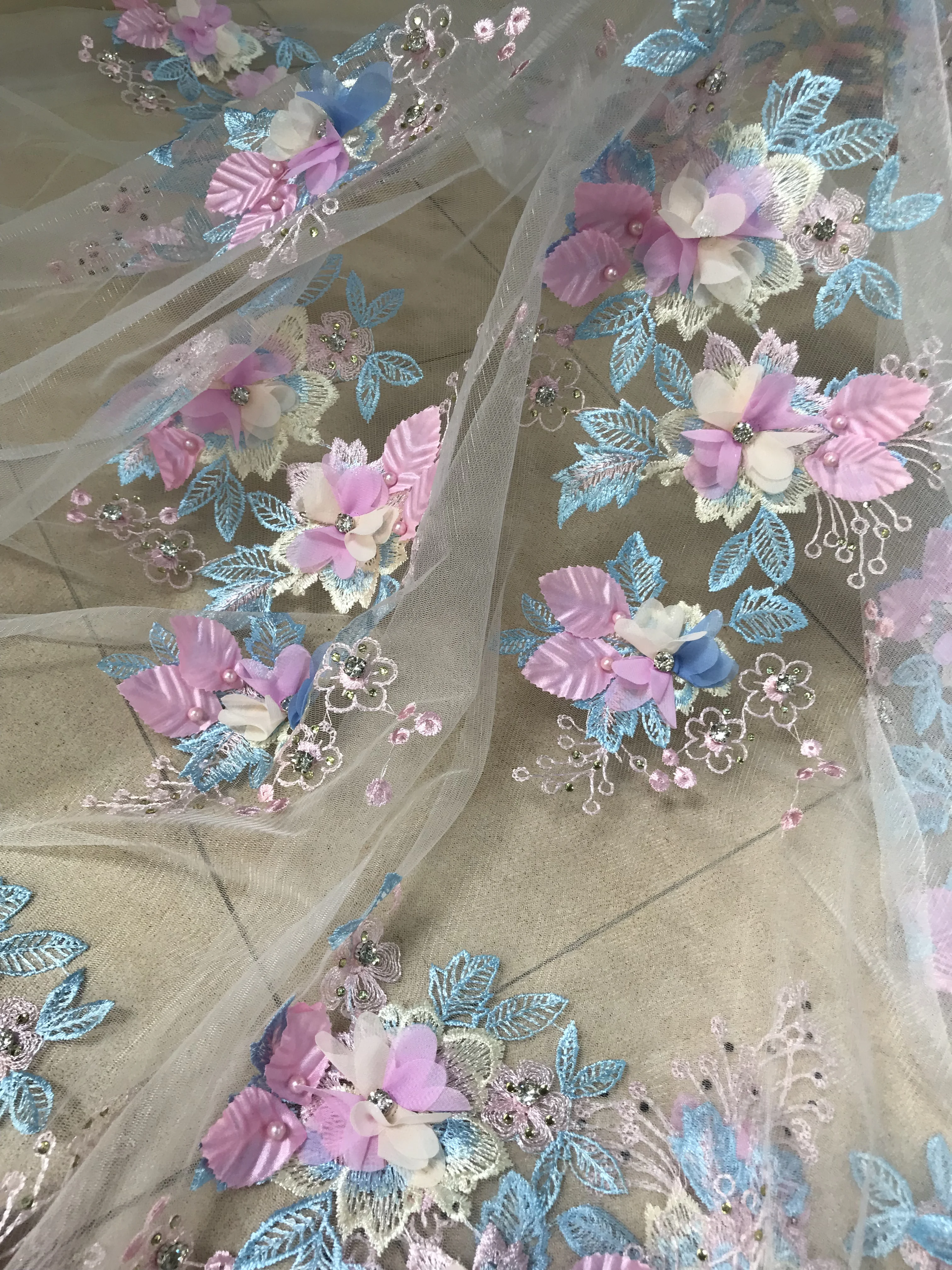 

5yards 3D flowers embroidered tulle lace fabric with beads SYJ-766811 embroidered lace fabric beaded tulle lace fabric