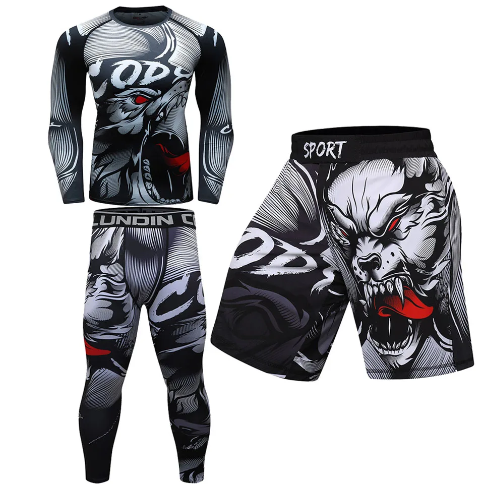 Men Compression running T-Shirt+Pants MMA Work Out Rashguard T Shirt Exercise Fitness Tights Cross fit Rash Guard bjj Jersey