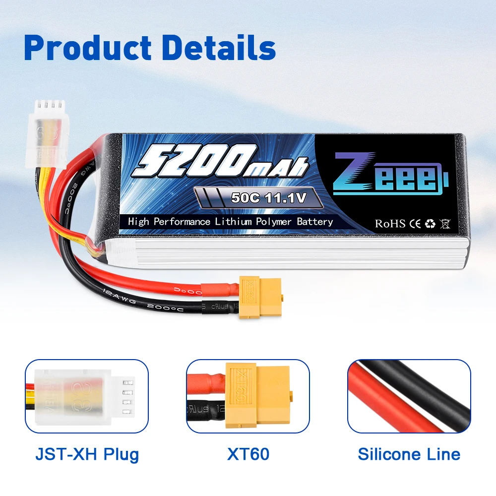 Zeee 11.1V 50C 5200mAh 3S Lipo Battery XT60 Plug for RC Car Boat Helicopter Quadcopter RC Airplane