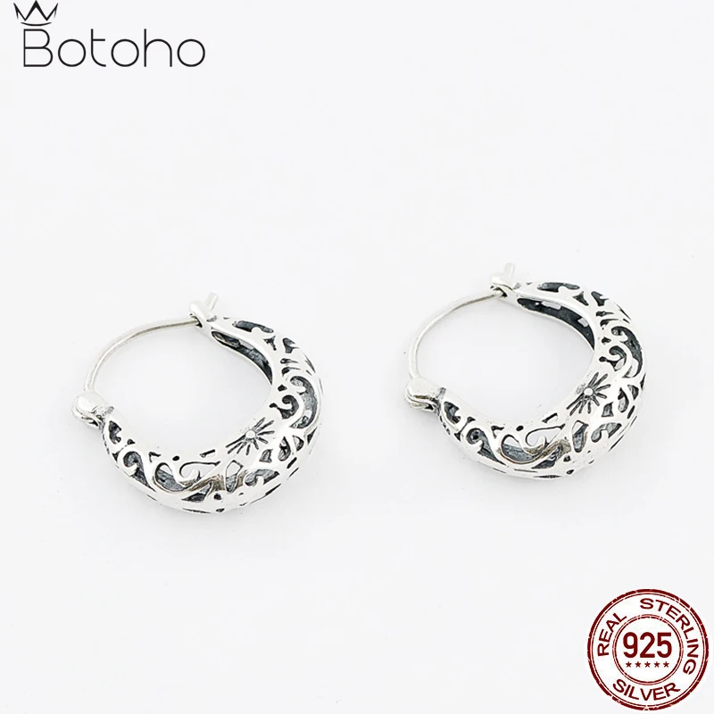 Pure 925 Sterling Silver Moon Shape Hoop Earrings Vintage Hollow Floral Earring Fashion Women Daughter Wife Mother Jewelry