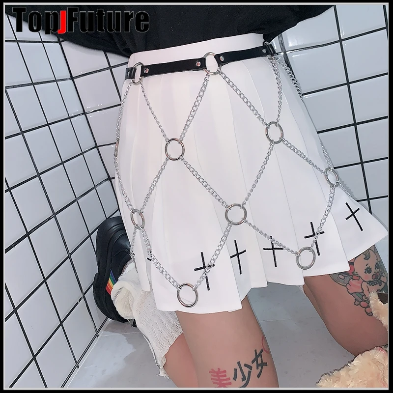 Japanese Harajuku storm liloli dark cross chain JK half pleated skirt waist chain belt