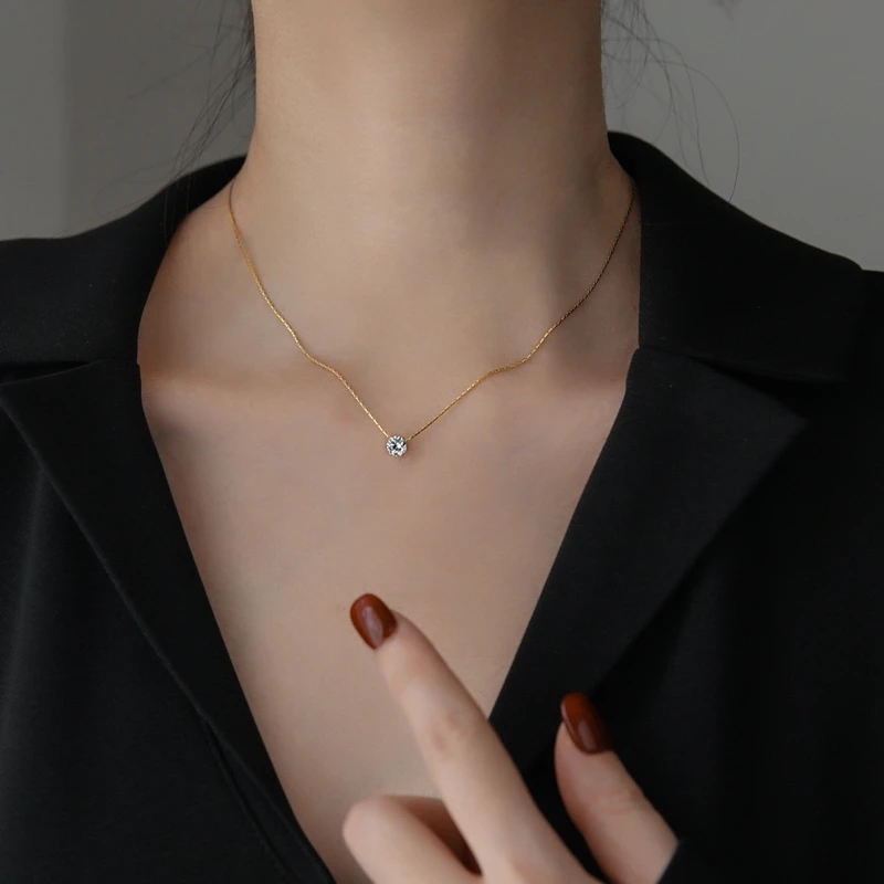 YUN RUO Tender Six Claw Zircon Pendant Necklace Yellow Gold Color Titanium Steel Jewelry Woman Gift Never Fade Hypoallergenic