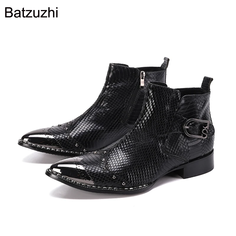 

Batzuzhi Luxury Handmade Boots Men Black Genuine Leather Boots Men Ankle Pointed Metal Head Zip Business Fashion Party Botas