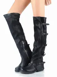 Coffee Black Woman Retro Flat Sheep Skin 100% Real Leather Knee High Long Boots Buckles Round Toe Knight Boots