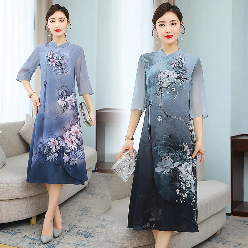 

Chinese style dress for women long summer new Short-sleeved dress ladies improved cheongsam dress imitation silk elegance