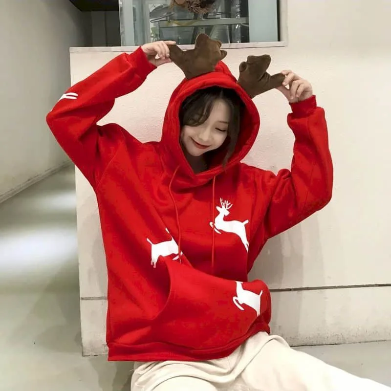 

Christmas elk hooded sweatshirt women autumn and winter Korean loose couple wear student class clothes plus velvet red jacket