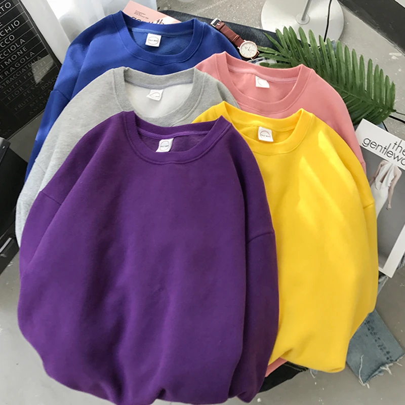 Woman Solid Color O-Neck Sweatshirt Casual Loose Fit Hoodie Harajuku Aesthetic Streetwear Velvet Pullover White Tops Korean Pop