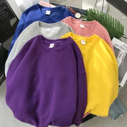 Kobieta Solid Color bluza z okrągłym dekoltem Casual luźny krój bluza z kapturem Harajuku estetyczny Streetwear aksamitny sweter białe topy koreański Pop