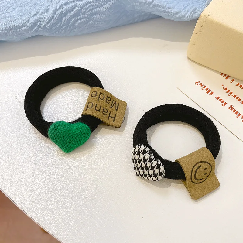 Houndstooth Heart-shaped Scrunchies Cute Smiling Face Turned PU Leather Flannel Hair Ties Simple Fashion Green Hair Accessories