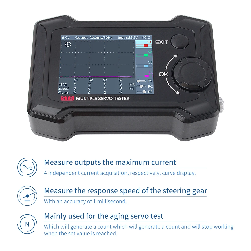 ToolkitRC ST8 8CH 100W 2A 2.4 TFT 7-28V 8-Channel Servo Integrated Tester 4 Independent Interface PWM/PPM/SBUS Signal Test