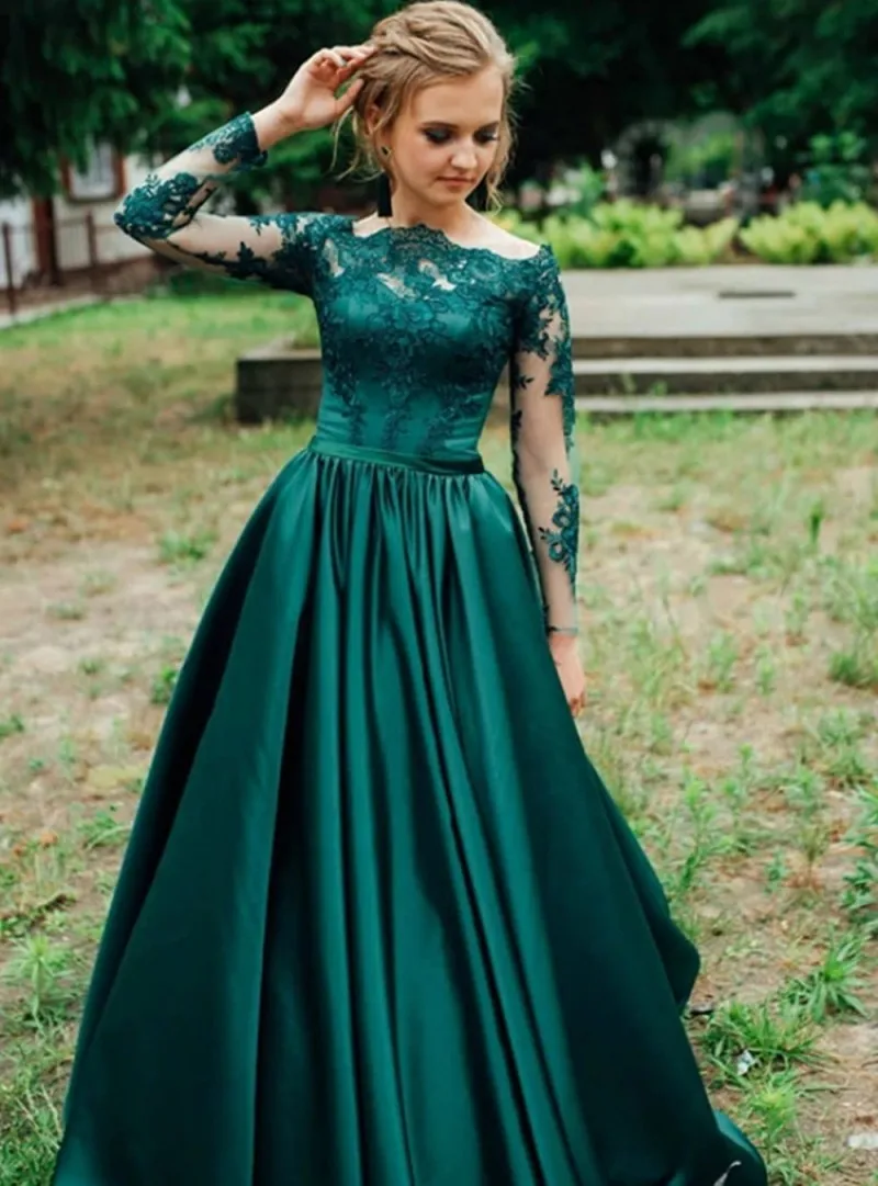 Vestidos De Noche De satén verde Vintage, De encaje, manga larga sin hombros, para fiesta De graduación, largo hasta el suelo