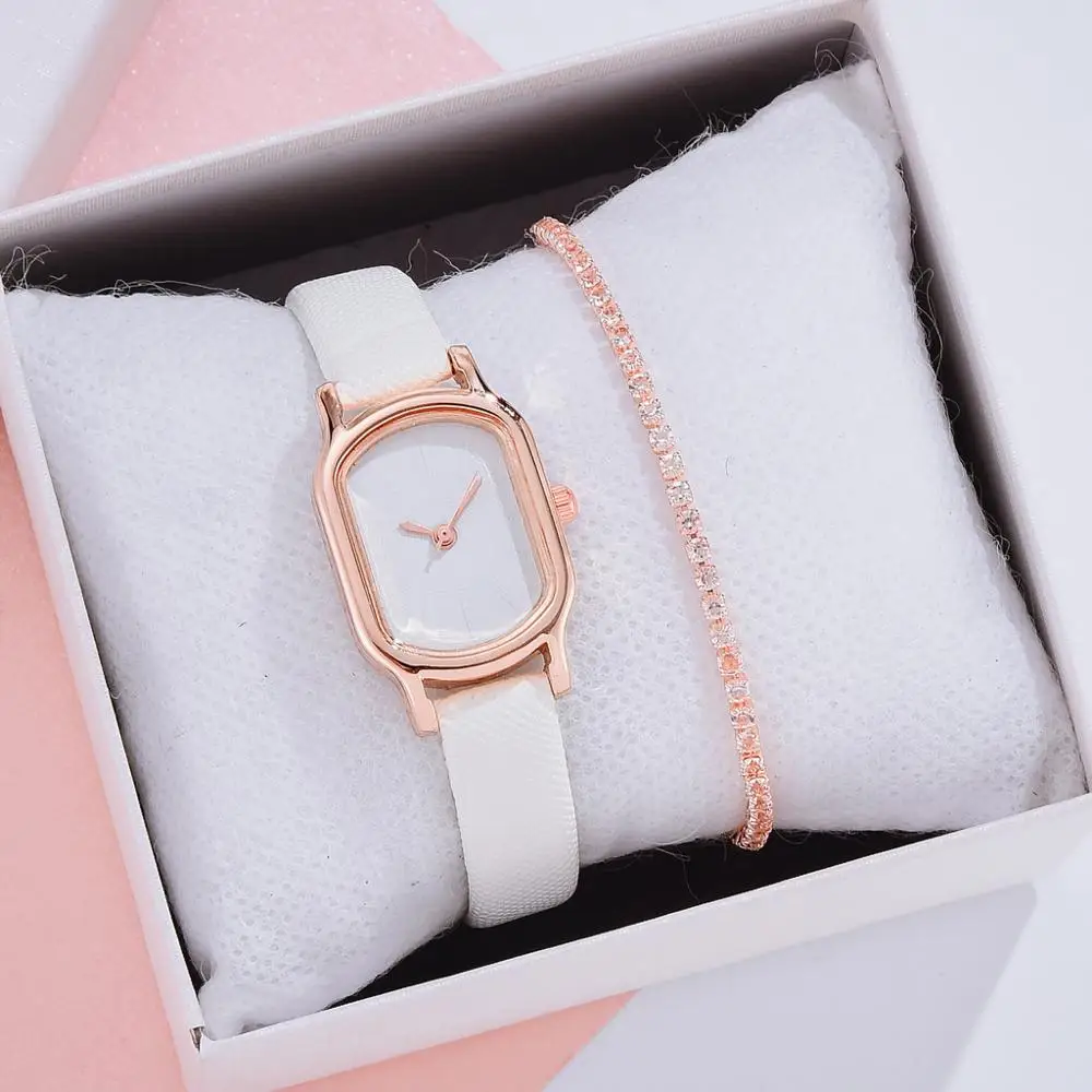 Vogue Women Leather Sports Watch Plush 2 PCS /Set With Bracelet Rose Rhinestone Dress Quartz Clock Ladies Wrist Watch Gift