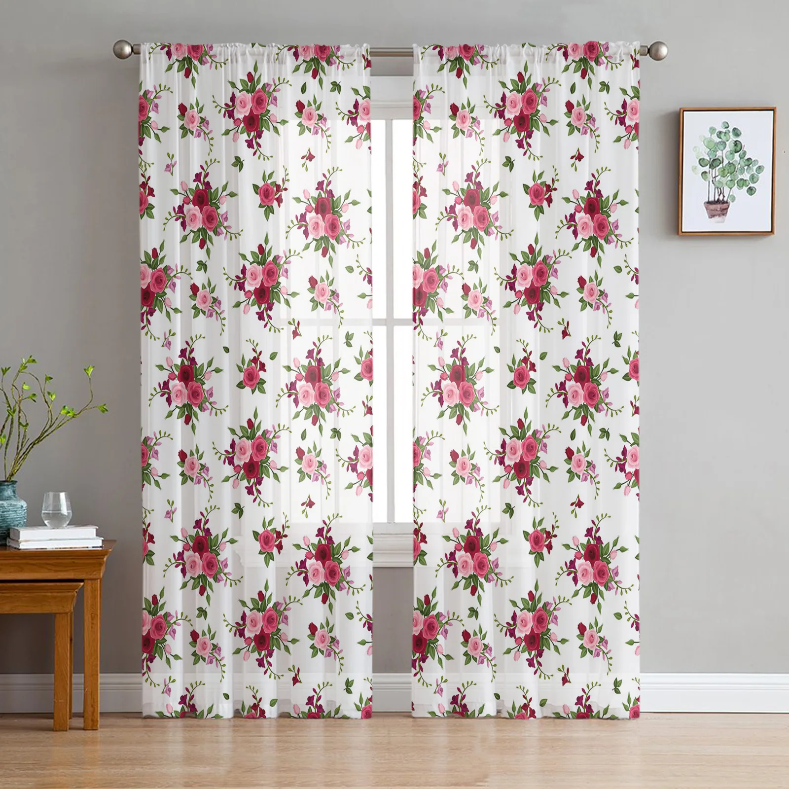 

Red Rose Flower Plant Chiffon Tulle Curtains for Living Room Kitchen Bedroom Sheer Voile Yarn Window Treatment