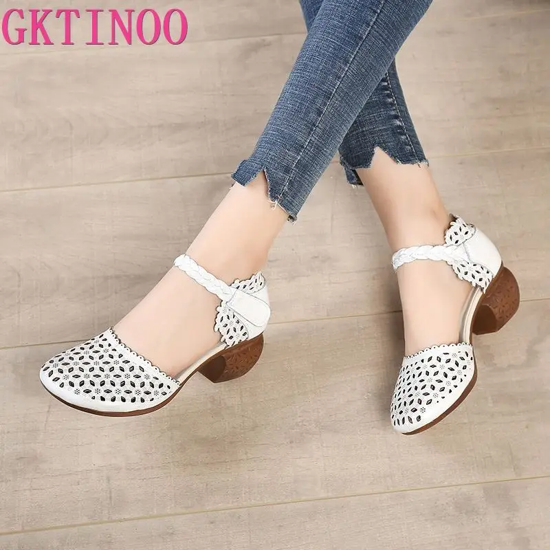 GKTINOO Genuine Leather Women Sandals Summer Shoes 5CM High Heels Retro Women Shoes 2024 Hollow Out Sandals