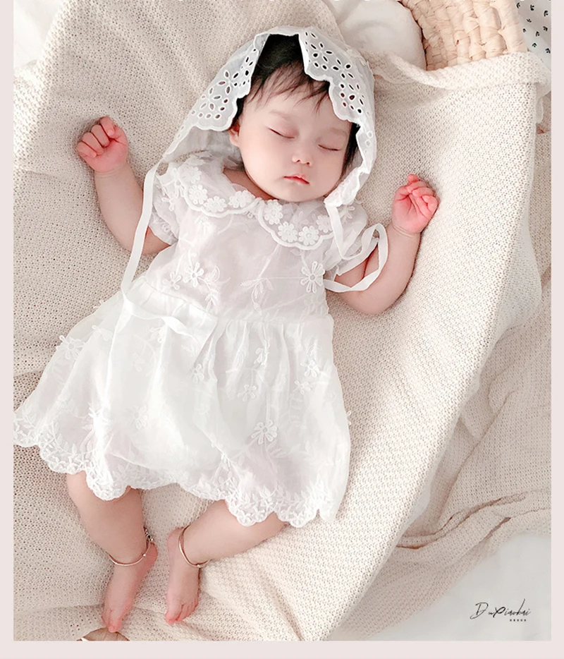 0-3Yrs Infant Clothes Rompers 2023 Summer Newborn Grils Cotton Lace Romper With Cap 2pcs Set Baby Girls Overall White