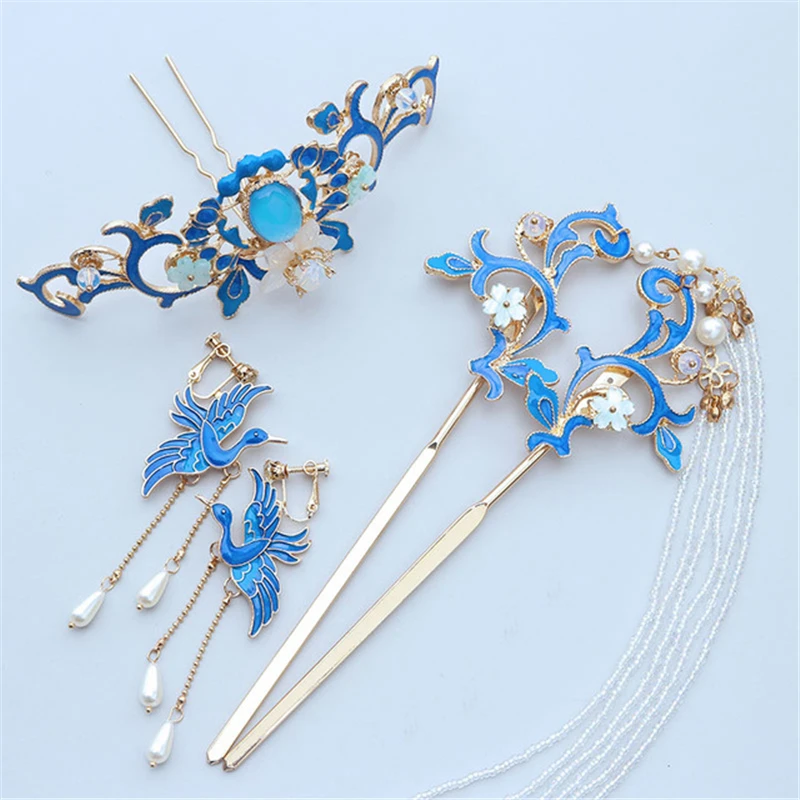 Blue Retro Headdress Hairpin Female Tassel Ear Clip Temperament Hair Crown Chinese Antique Xiuhe Accessories Hair Jewelry Set