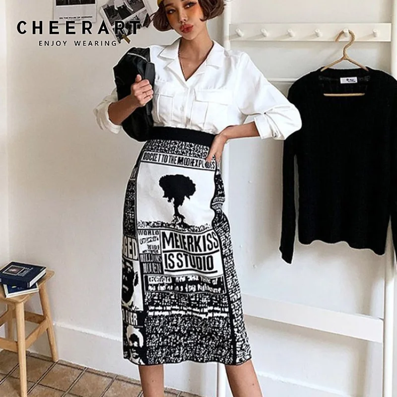 

CHEERART Knitted Skirt Women Winter Newspaper Print Wrap Sweater Skirt Elastic High Waist Warm Ladies Skirt Knee Length 2019