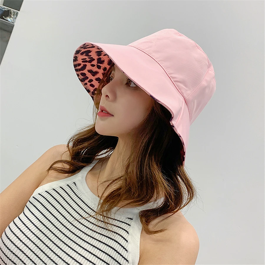 New Leopard Panama Hat Women Japanese Double-sided Sunshade Bucket Hats Female Sun Protection Sunscreen Caps Wholesale